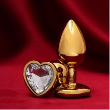 Анальная пробка, золотая, с прозрачным кристаллом в форме сердца, D = 28 мм