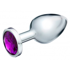 Анальная втулка серебристая с фиолетовым камнем, 3,4 см